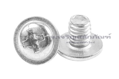น็อตหัวกลมแฉกแบบติดแหวน สแตนเลส (Phillip Round Head Screw with Flange) ขนาด M4x5 เกลียวตลอด