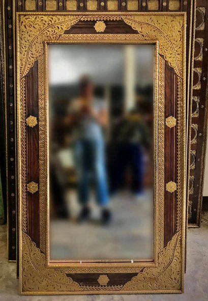 Wooden Frame Mirror with Brass Decor