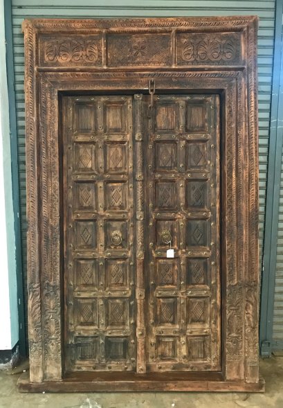 Antique Indian Door With Carving and Brass Flowers