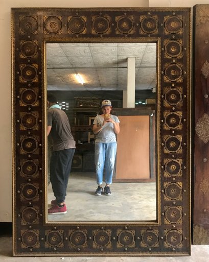 Large Wooden Mirror Frame with Brass Decor