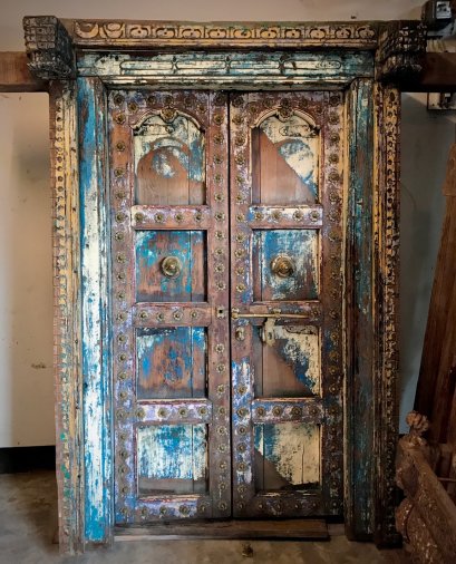 Admirable Rustic Blue Teak Door with Brass Flowers