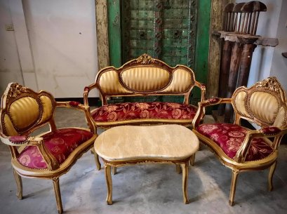 CS13 French Style Sofa Set in Red Wine and Golden Color