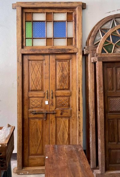 British Wood Door with Vintage Colorful Glass