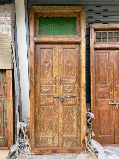 European Teak Door Rustic Color with Green Glass Top