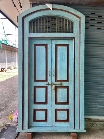 Tall Teak Wooded Door in Blue with Brown Edge