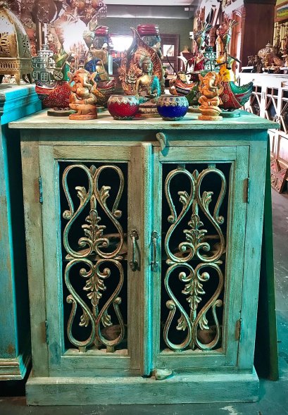 Antique Blue Cabinet with Iron Decor