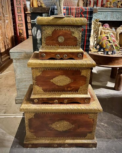 DCI202 หีบไม้เก็บของชุดสามชิ้นแต่งทองเหลือง