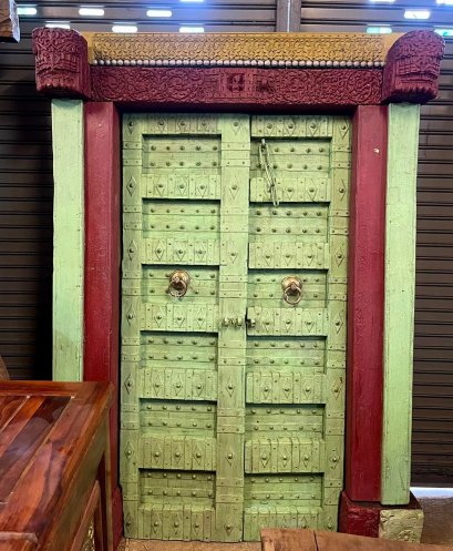 TeakWood Door in Green and Red Color