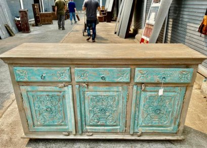 3SB6 ตู้ยาวสามประตูพร้อมลิ้นชักสีฟ้าเทาวินเทจ