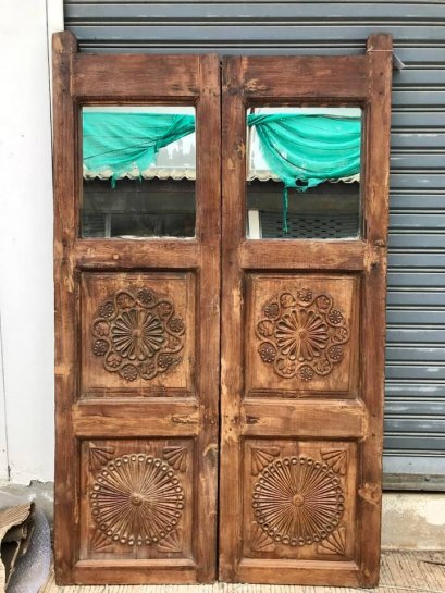 Pair of Carved Doors with Mirror Panels