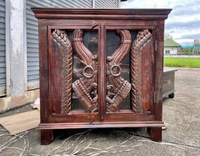 Glass Sideboard with Tribal Carving Decor