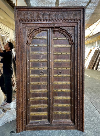 Indian Arch Carved Door with Brass Decor