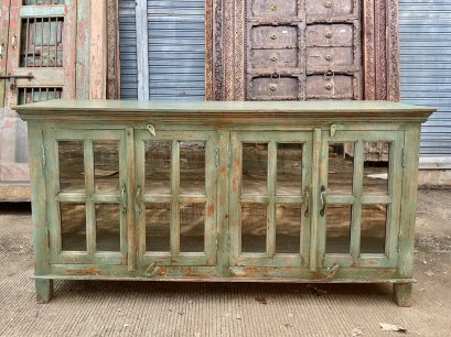 ตู้ไม้สีเขียวขัดหยาบประตูกระจก