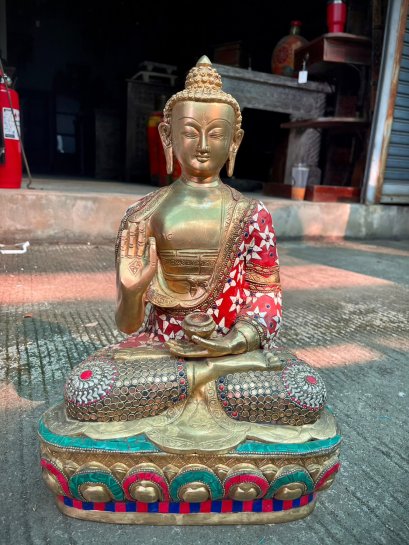 Brass Buddha Decorated with Stones