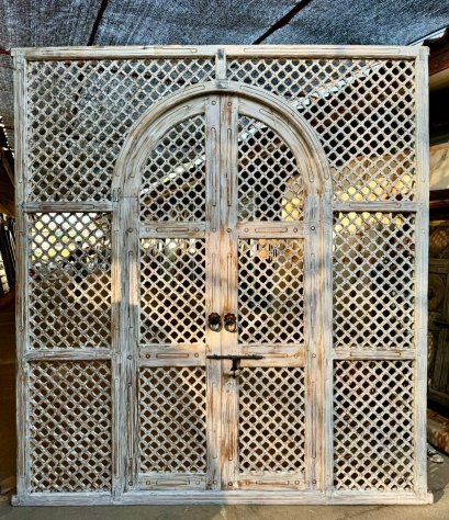 Vintage Lattice Gate Door with Distressed Light White