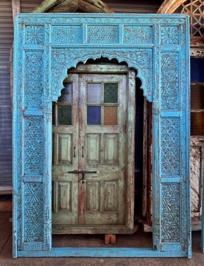 Blue Washed Wooden Archway with Carving