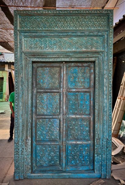 Antique Door with Full Carved Wood in Rustic Blue