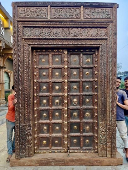 Magnificent Ancient Carved Front Door with Brass