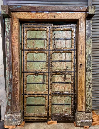 Wide Entry Colonial Door Distressed Green Yellow
