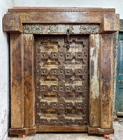 Wide Carved Door Solid Teak with Iron Decor
