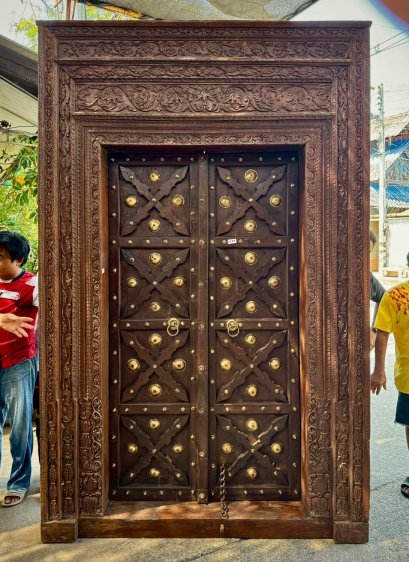 Indian Brass Door Crossed Wood Front Traditional Carving