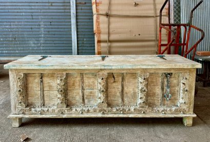 Vintage White Wooden Chest with Fine Carving