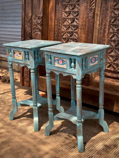 Impressive Blue Side Table with Flower Tiles