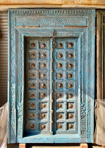 Antique Indian Door with Brass Carved Lathe Wood Frame