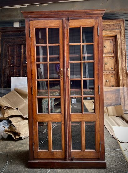Vintage Glass Teak Tall Cabinet