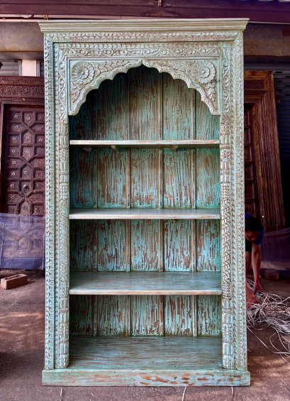 Distressed Blue Carved Display Cabinet