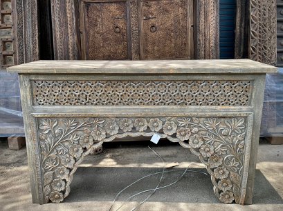 Jaali Hand Carved Light Grey Painted Table
