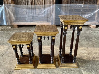 Wood Table with Brass Decor Set of 3