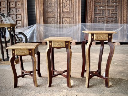 Wood Table with Brass Decor Set of 3