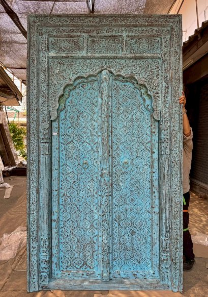 Pleasure Arch Door Full Hand Carving Vintage Blue