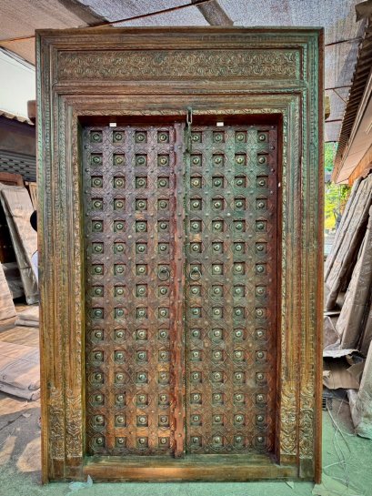 Original Indian House Door Brass Nails on Carving Pattern