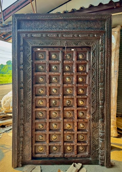 Original Enter Door Dark Wood with Rare Brass Decor