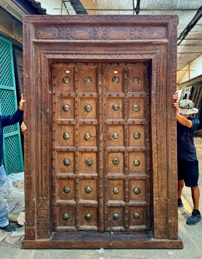 Classic Old Teak Wood House Door with Brass