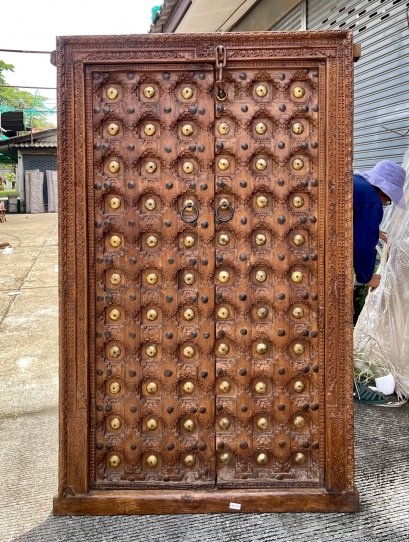 Small Door Old Wood Carved with Brass