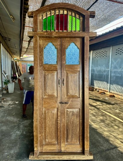 Natural Teak Wood Door with Colorful Glass Top