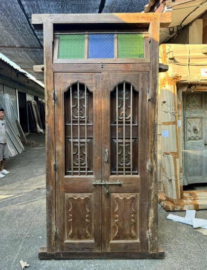 Double Door Teak Wood Colonial Carving