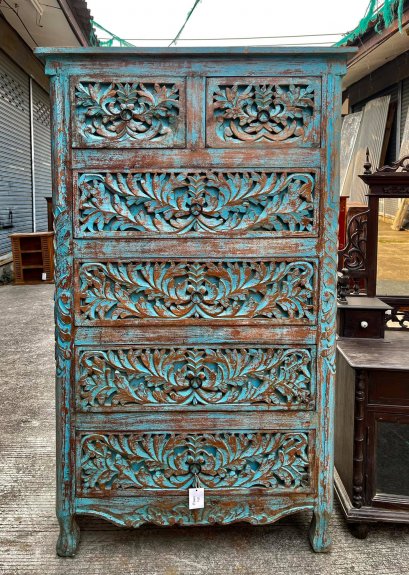 Blue Hand Carved Chest of Drawers