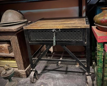 Industrial Solid Top Wood Table Iron Wheels