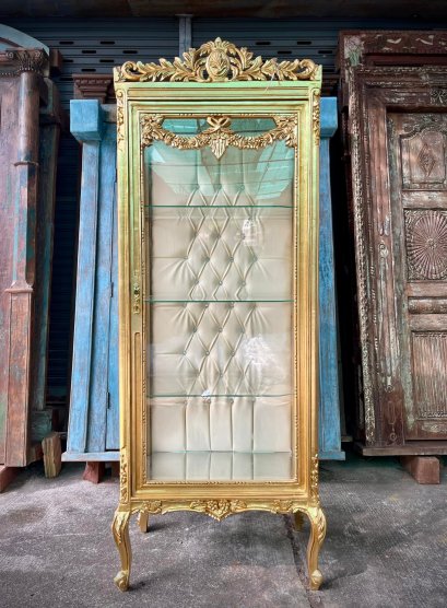 CTL23 ตู้โชว์สไตล์ฝรั่งเศส โครงไม้สีทอง ชั้นวางกระจกใส