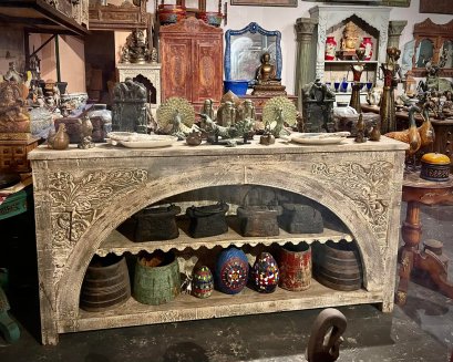 Hand Carved Bookshelf in White Washed Color