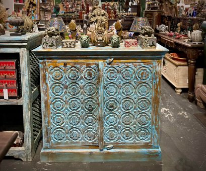 Blue Sideboard 2 Doors with Carved Flowers
