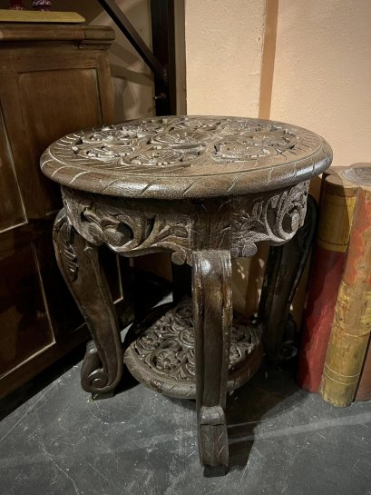STB19 Full Carved Round Side Table