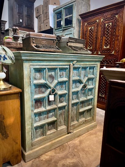Blue 2 Doors Sideboard Crossed Wood Decor
