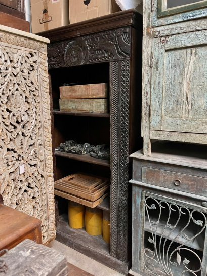 Dark Wood Tribal Carved Bookrack Cabinet