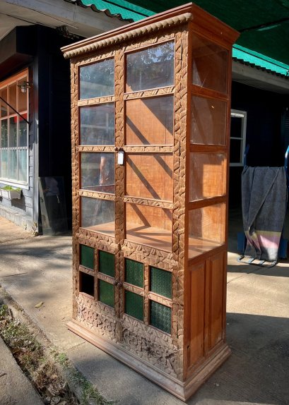 CTL36 ตู้กระจกไม้สักไทยโบราณพร้อมลิ้นชัก