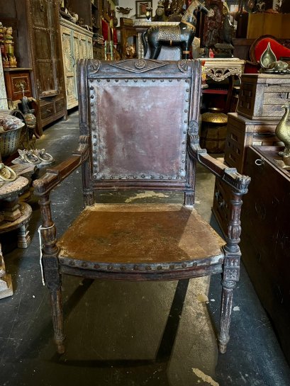 Tiny Antique Leather Colonial Chair